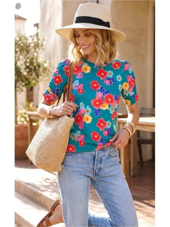 Haptics Tops - HAPTICS The Coastal Garden Shirred Sleeve Knit Top Summer Teal Botanical S, M, L
